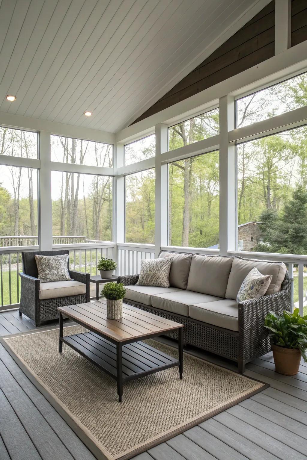 A contemporary chic porch radiates sophistication and simplicity.