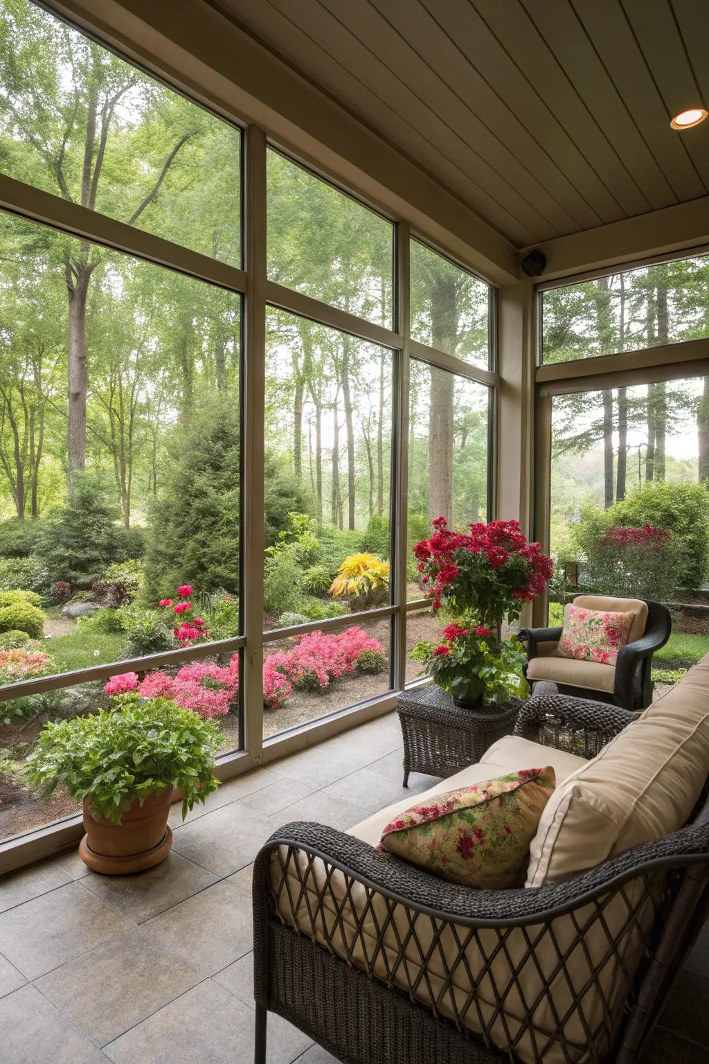 Beautiful windows offer a garden view from the veranda.