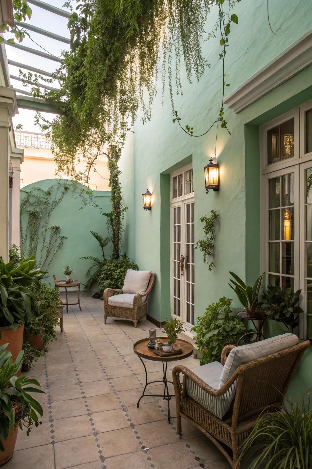 An outdoor haven featuring soothing seafoam green painted walls.