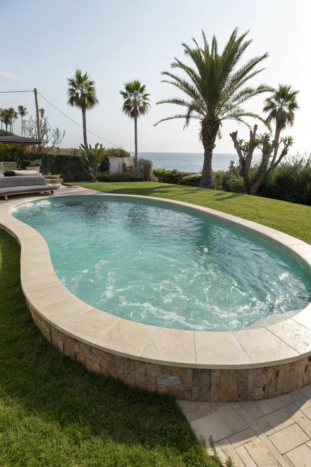 A partially submerged pool with a unique oval shape that stands out.
