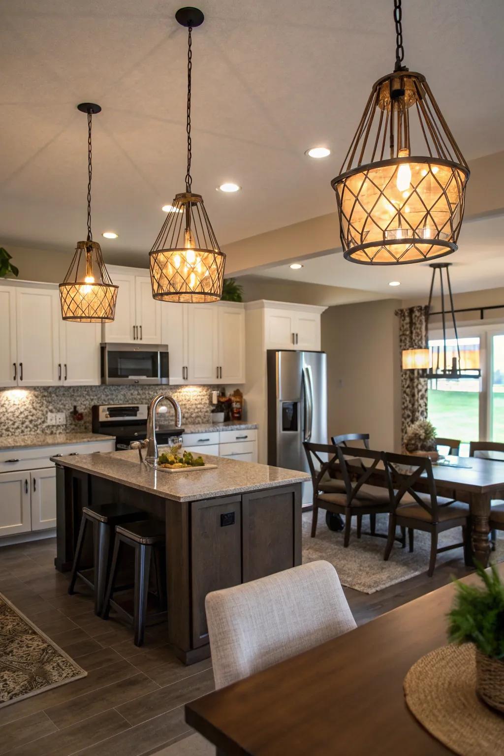 Elegant lighting fixtures function as focal points within a semi-open arrangement.