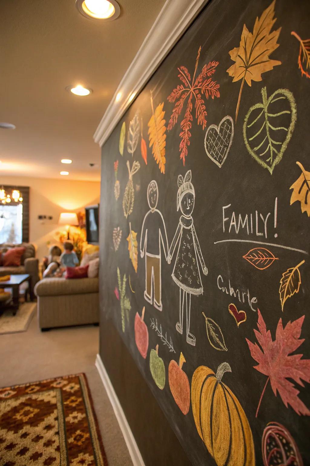 A wall converted into a chalkboard art gallery displaying family-created fall-themed drawings.
