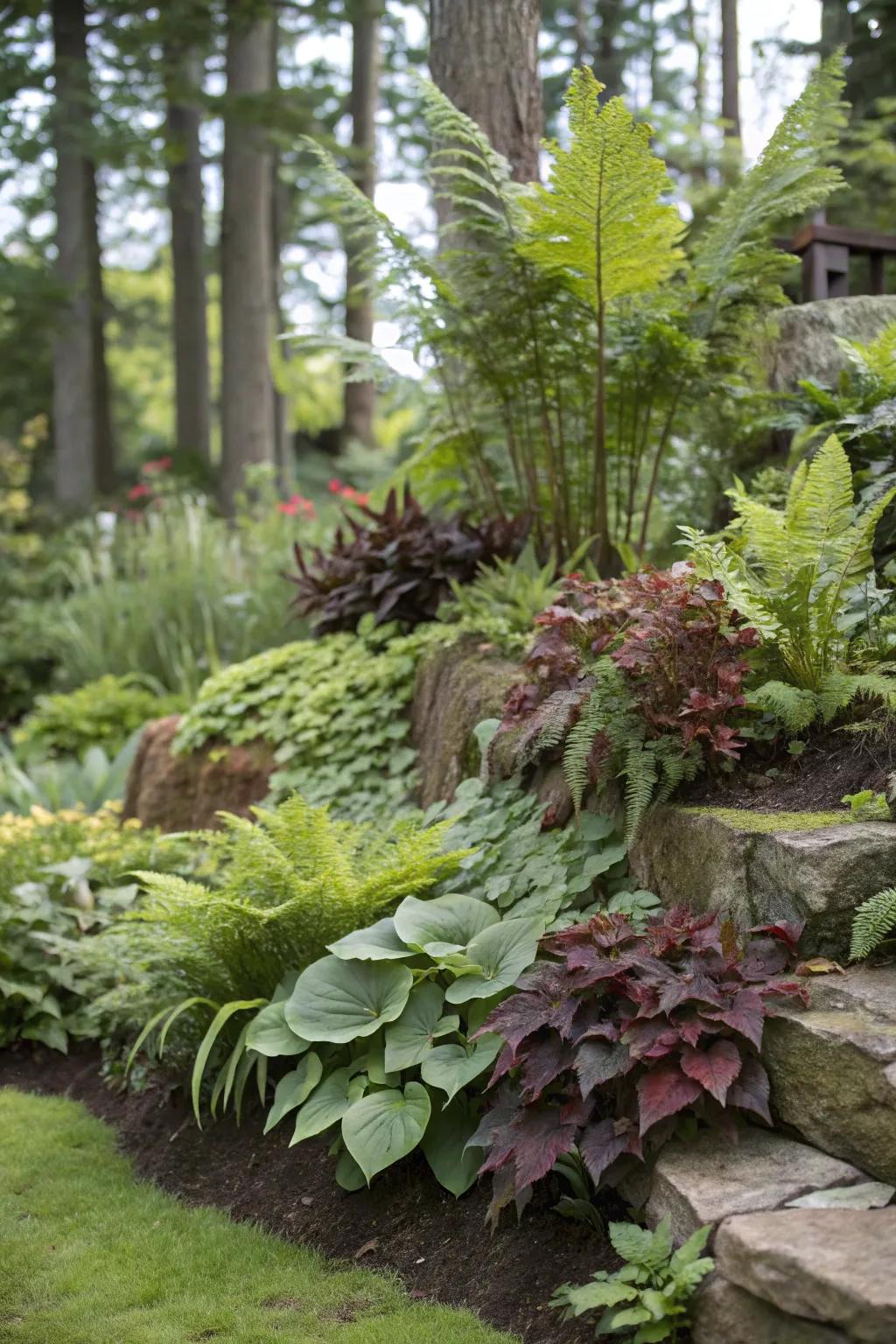 Tiered cultivation adding depth to a shade garden.