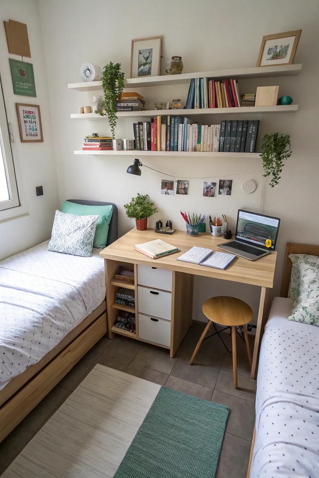 A centralized workspace fosters collaboration within this shared room.