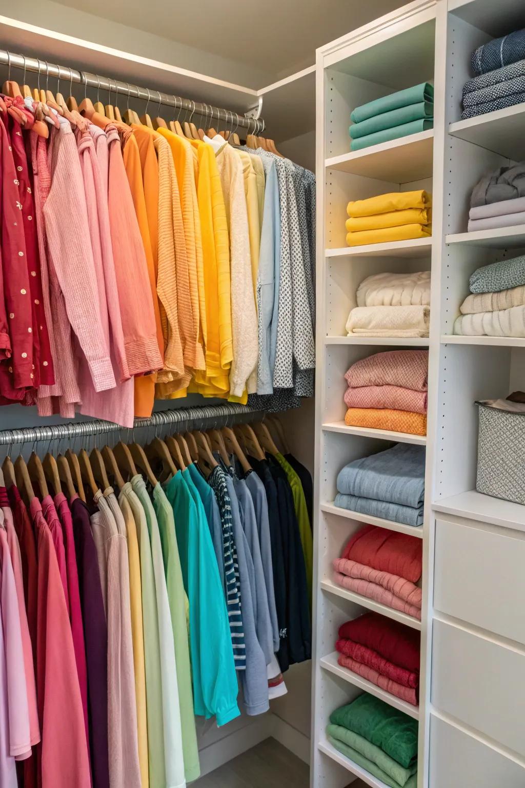 A closet showing clothes arranged by color for a coherent impression.