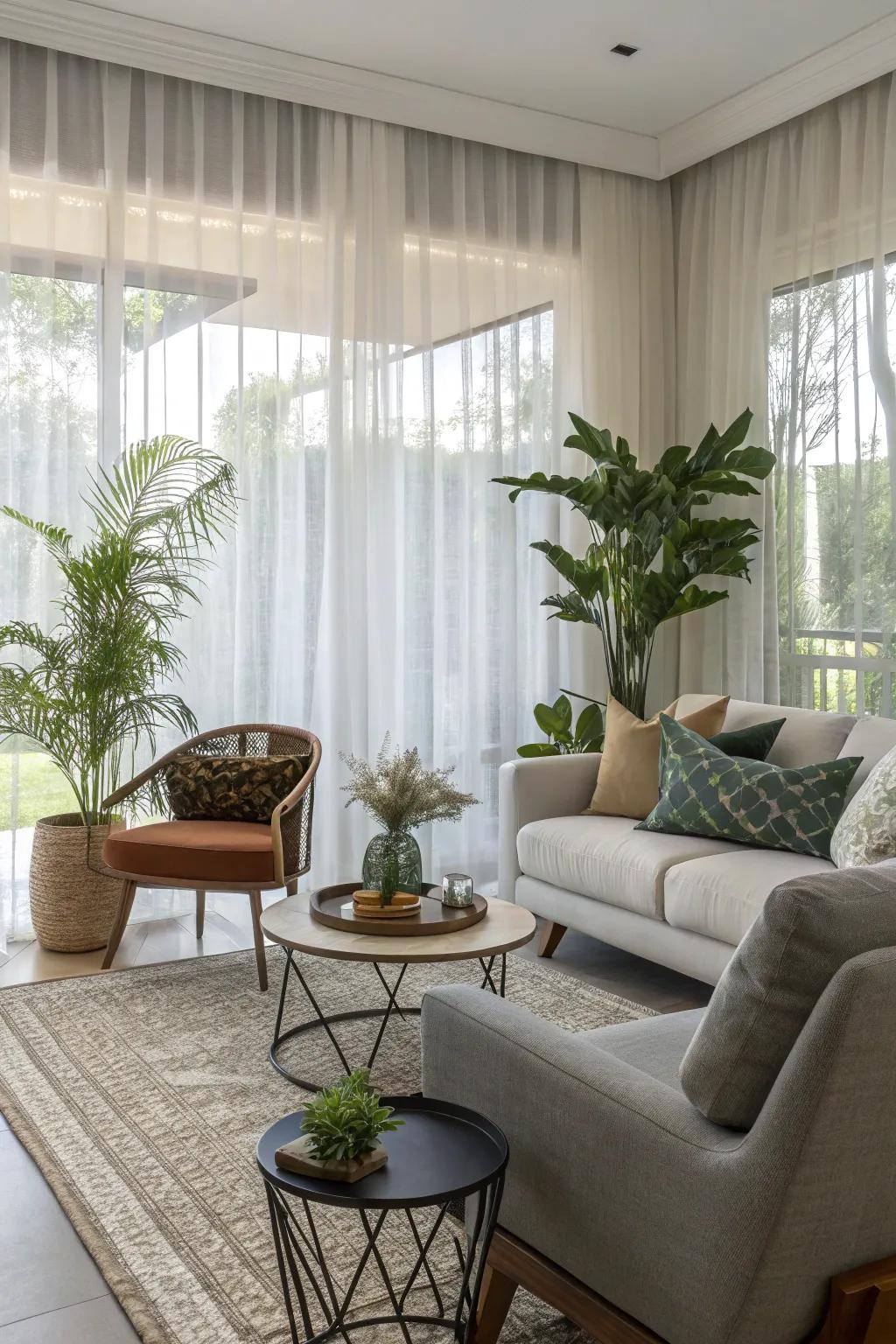 Harmonizing design alongside light-filtering curtains crafts a unified and stylish living space.