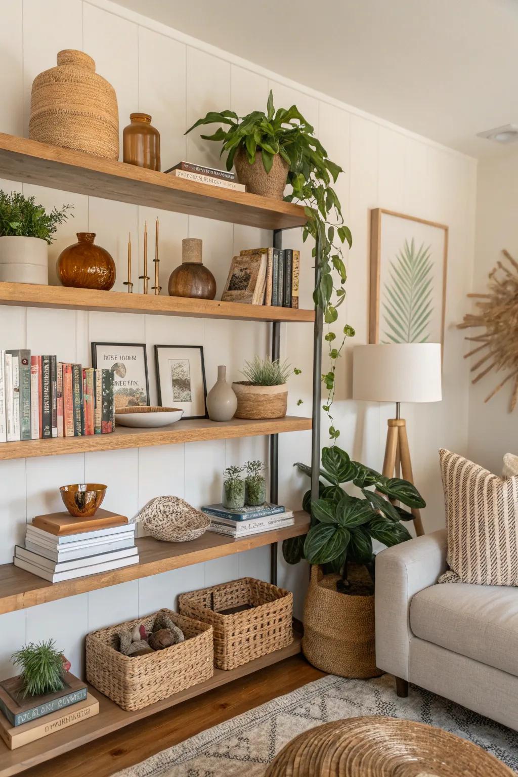 Superimposed décor contributes scope and intrigue to shelves.