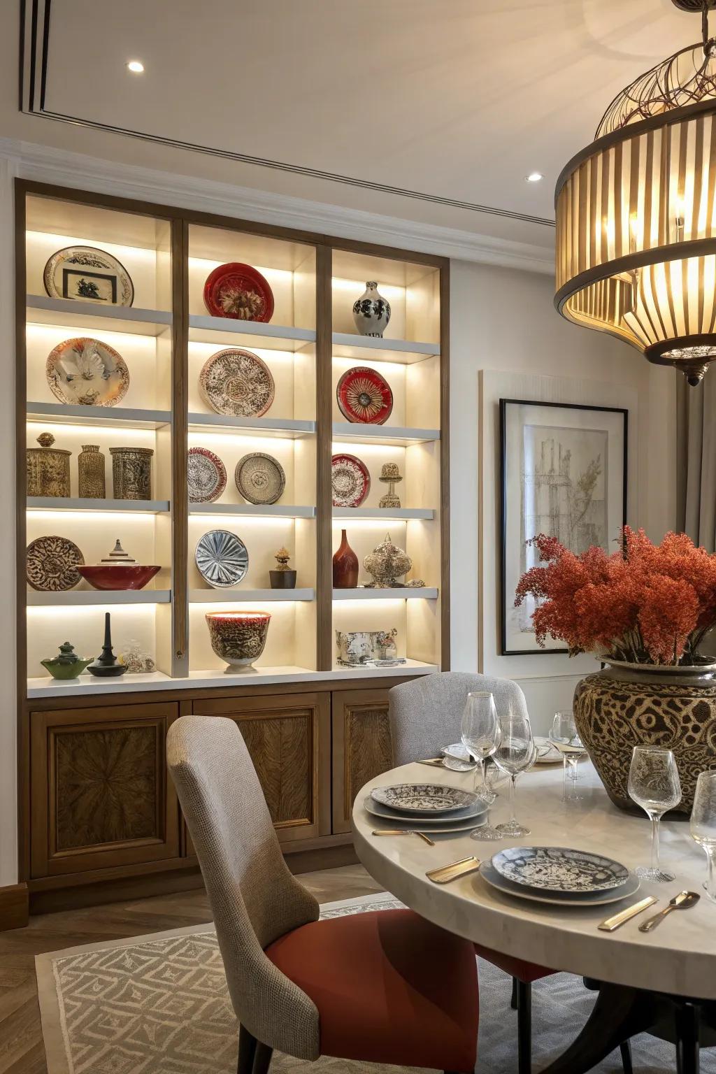 Statement shelving constructs a remarkable prime attraction within the dining room.