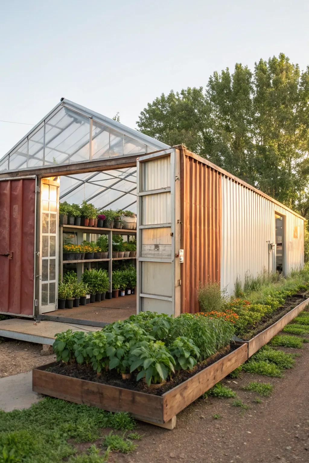 A metal box barn smoothly incorporated with an opulent greenhouse.