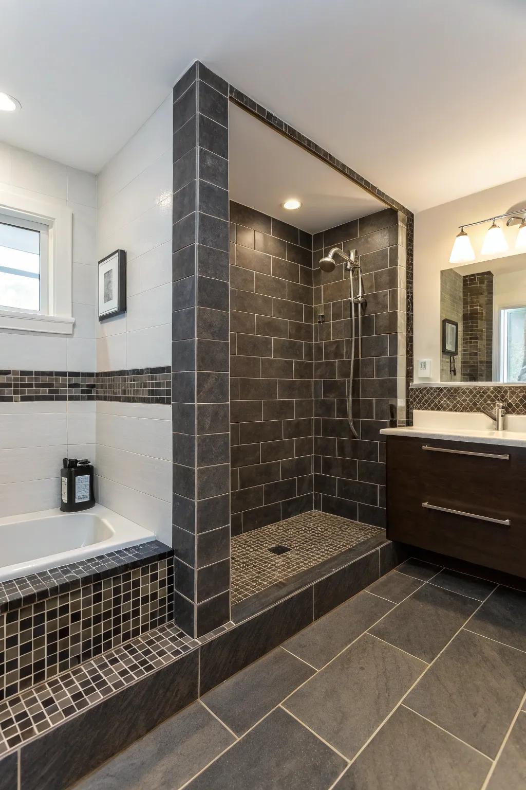 Dark tiles deliver a bold contrast, augmenting the modern aesthetic.