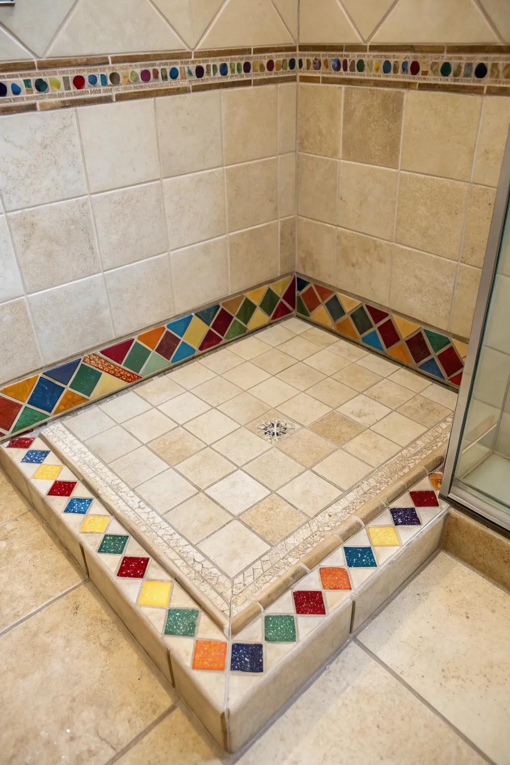 Eye-catching highlight tiles craft an impressive border on this shower base, adding a spark of creativity.