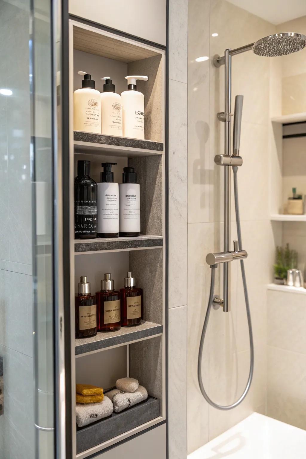 A shower stall featuring integrated shelving for convenient storage.