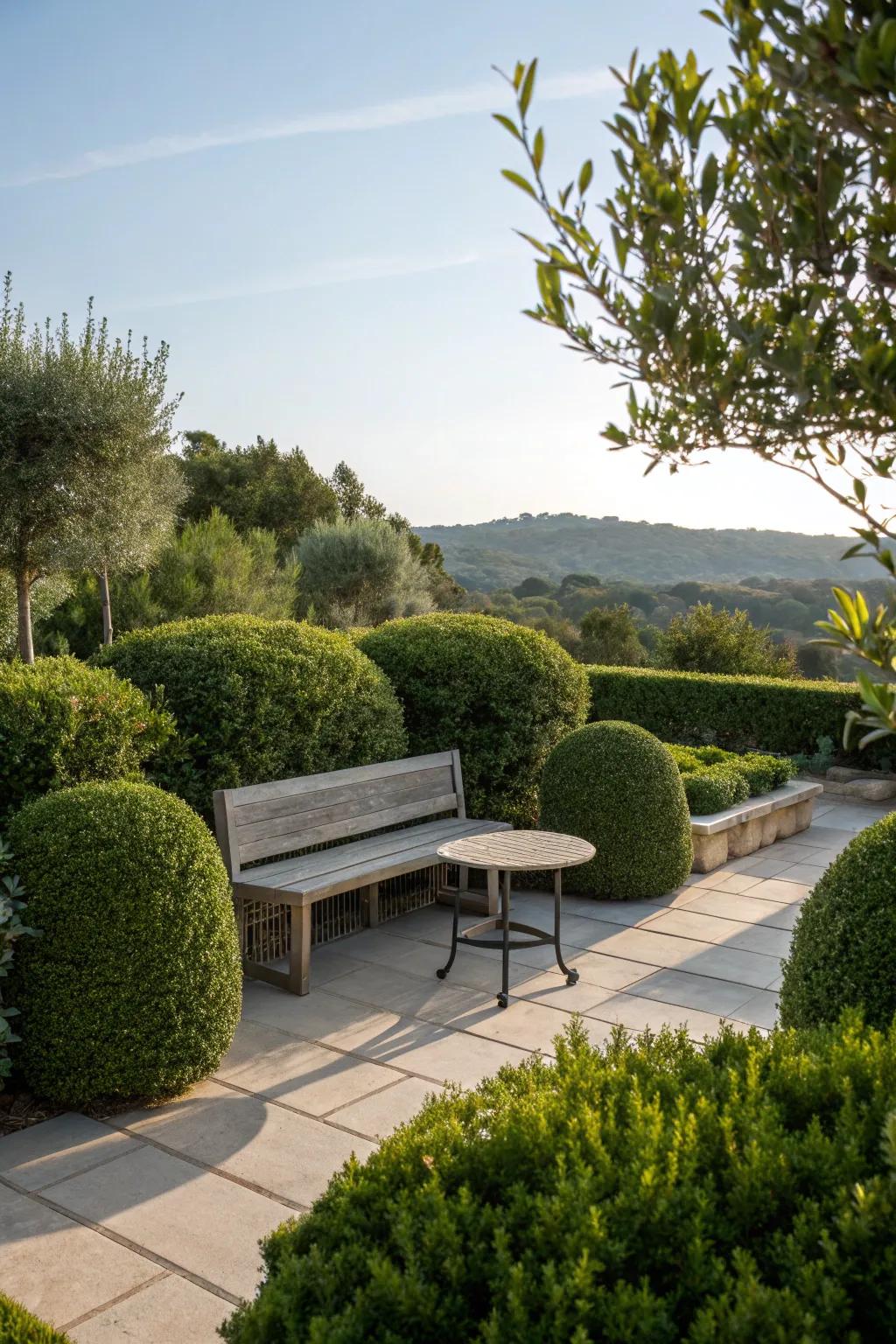 A snug seating space nestled among bushes, ideal for unwinding.