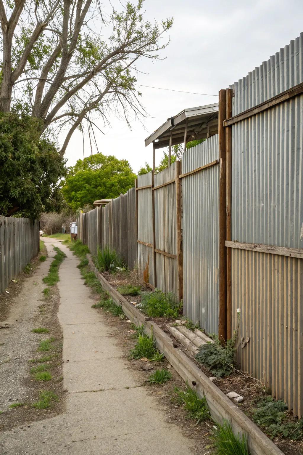 Industrial side yard featuring a corrugated metal fence.