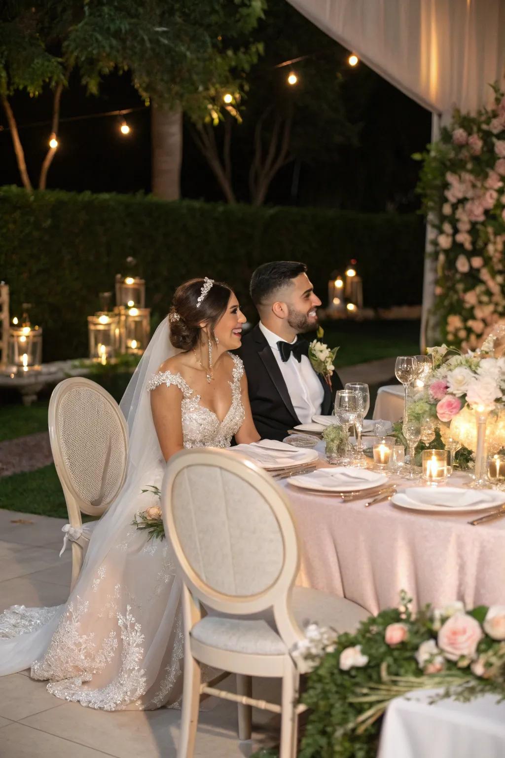 A bride and groom table showcasing elegant, stylish chairs.