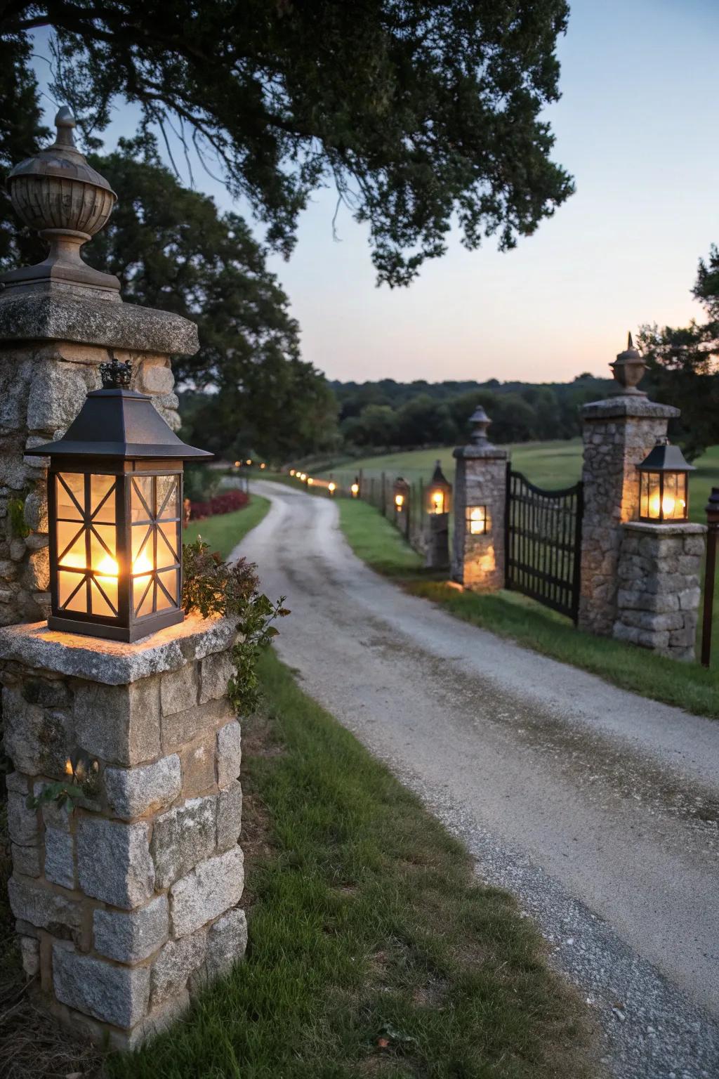 Lamps light the route with a welcoming luminescence.