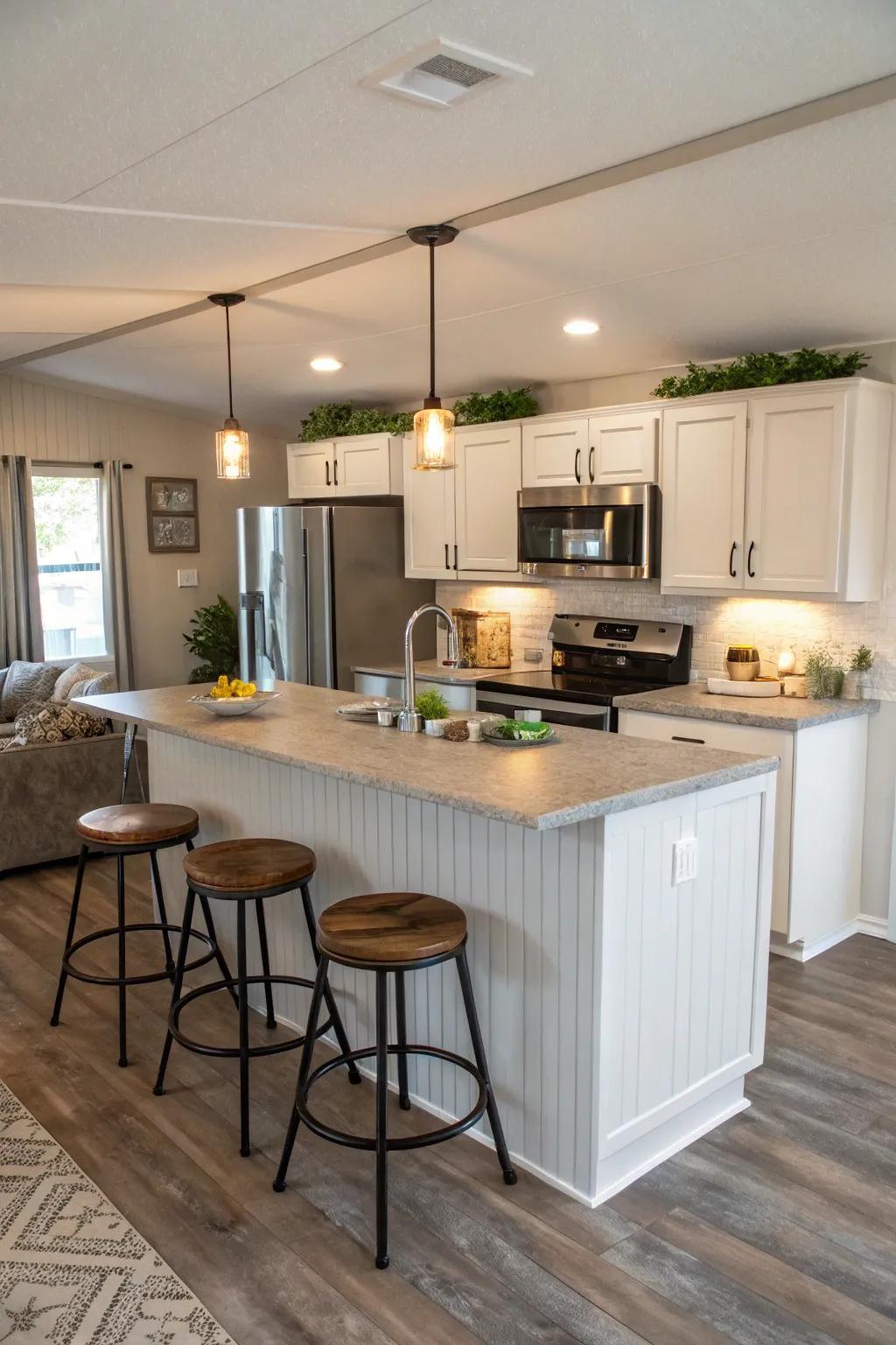 Kitchen islands add versatility and elegance.