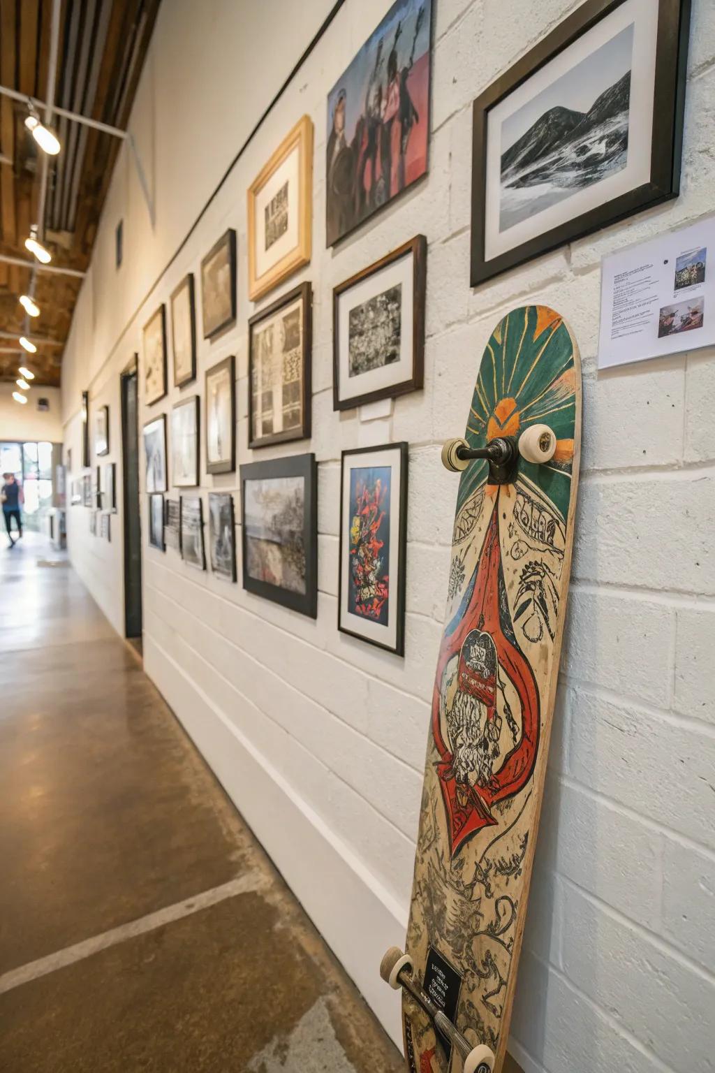 Produce an active gallery wall using skateboard art.