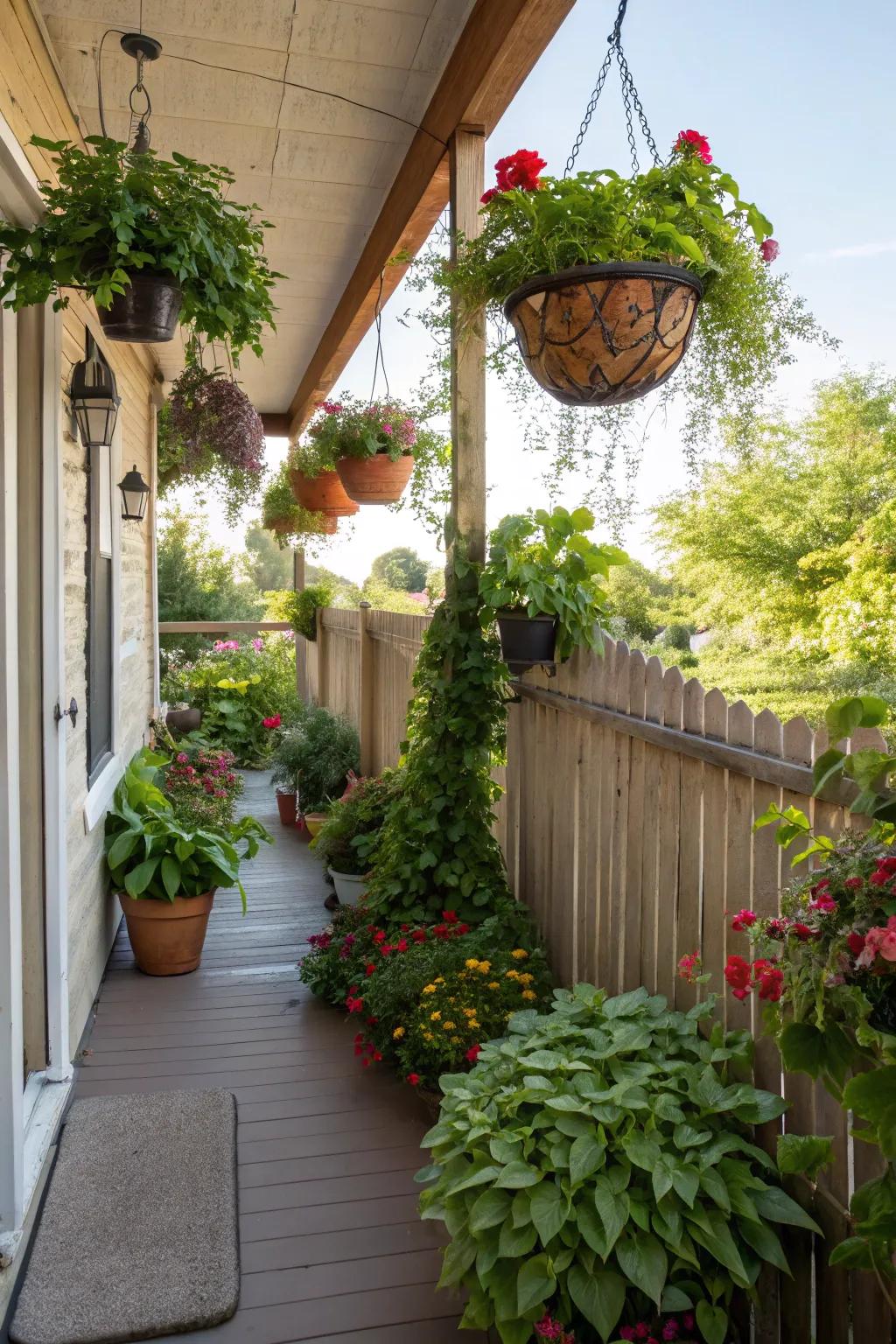 Abundant greenery introduces a revitalizing impression to a modest back veranda.