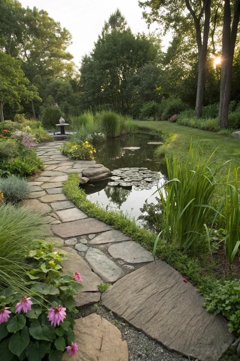 A stone path directs guests to this tranquil pond.