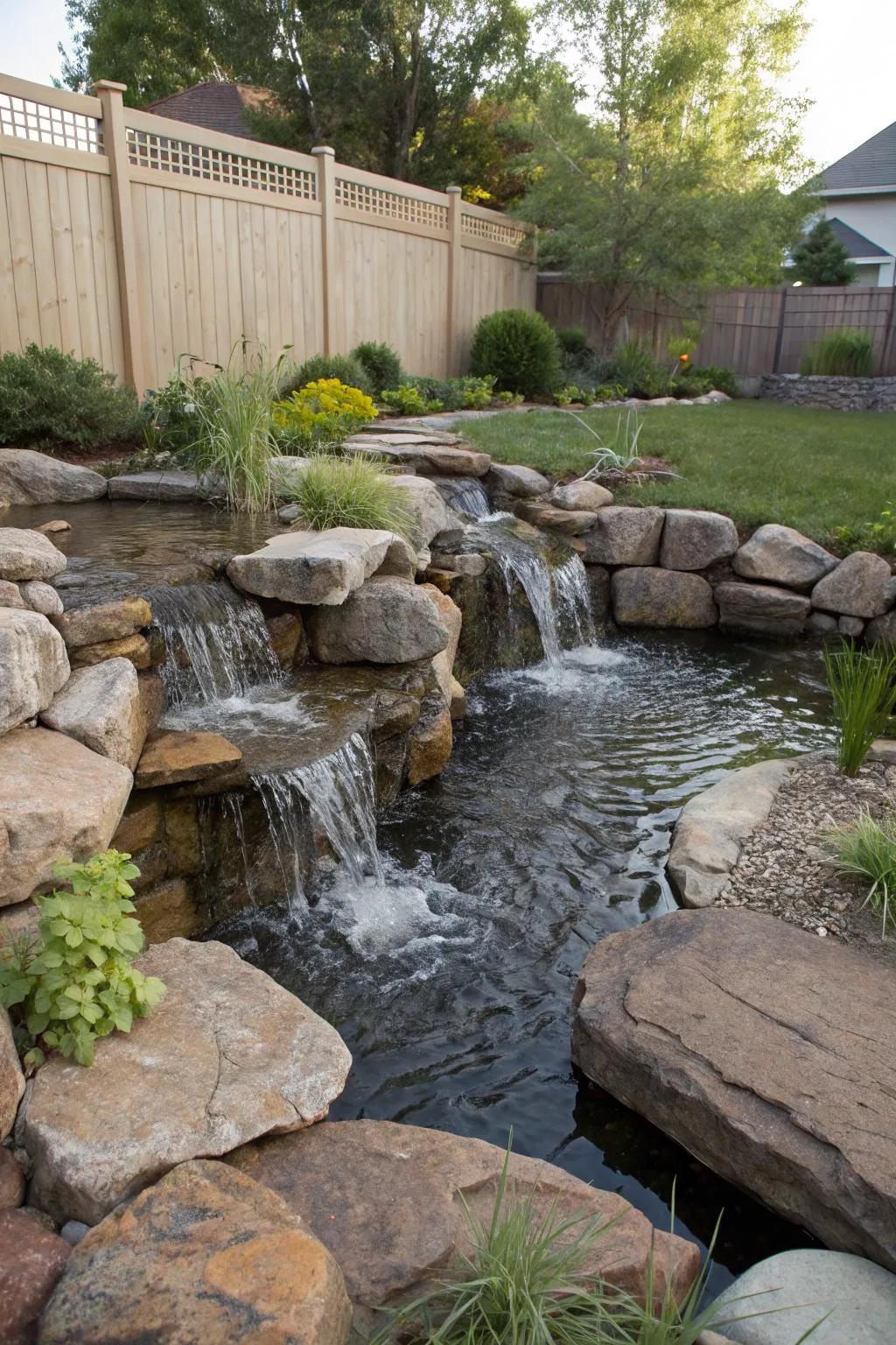 A pondless waterfall represents a minimal-maintenance aquatic feature that complements limited spaces.