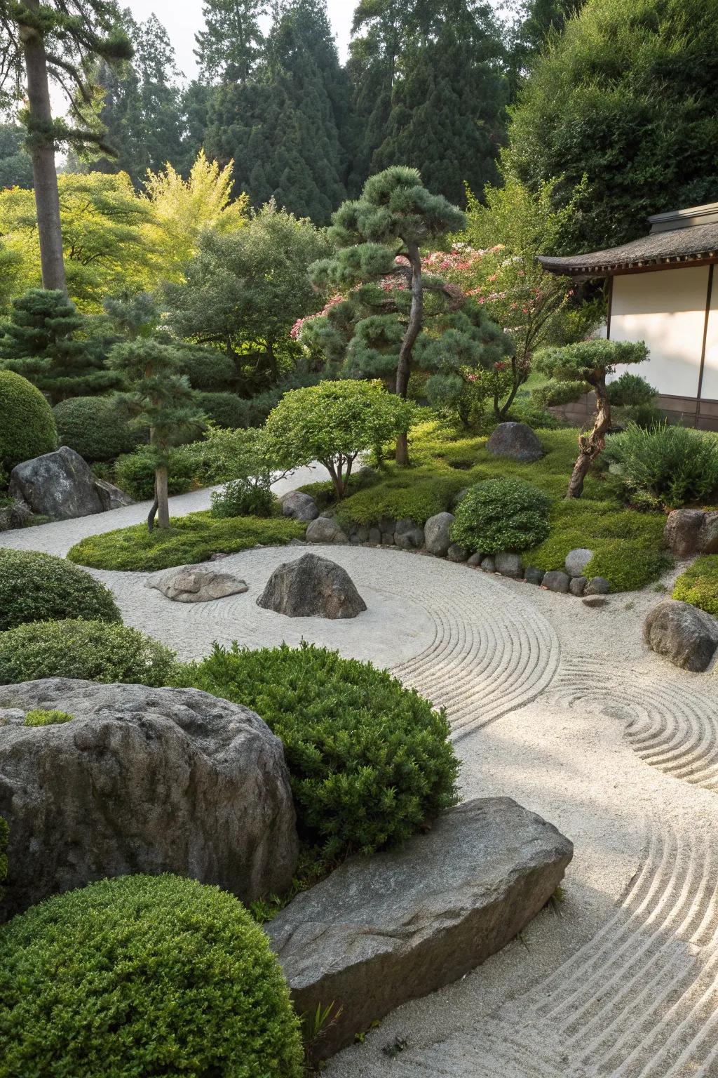 A zen garden features tiers of shrubs and petite trees, incorporating depth and privacy.