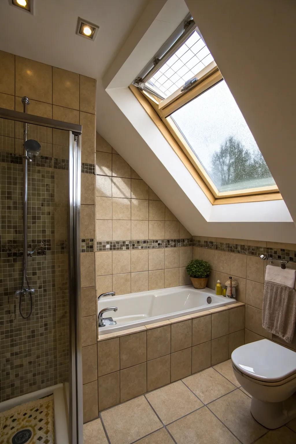An overhead window introduces natural light, enhancing the bathroom's ambiance.