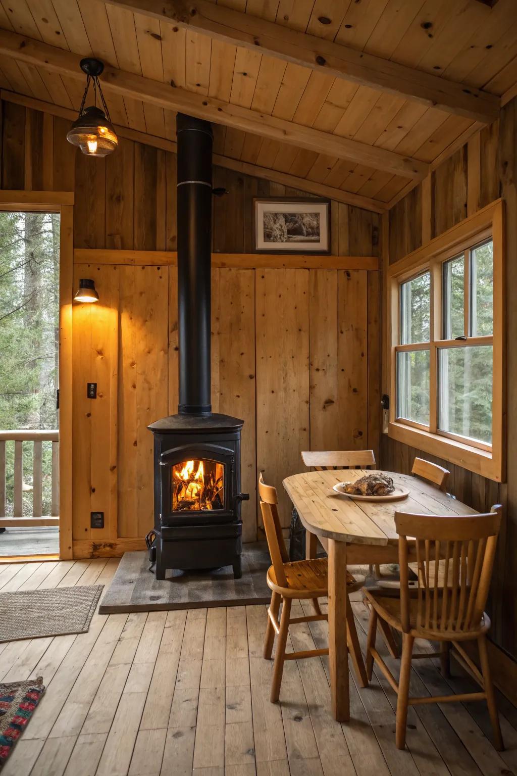 A cabin where the warmth of a hearth creates an inviting center point.