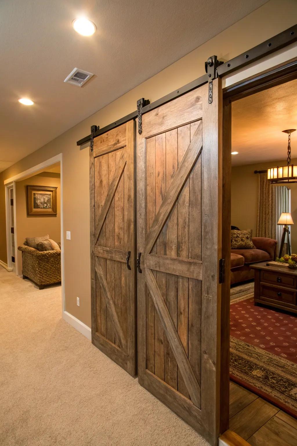 Barn doors offer rustic charm with practical functionality.