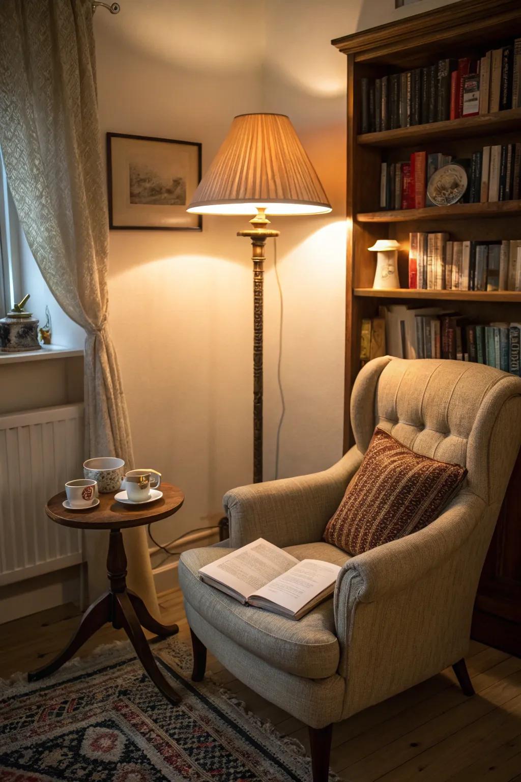 Warm lighting cultivates a soothing atmosphere for reading.