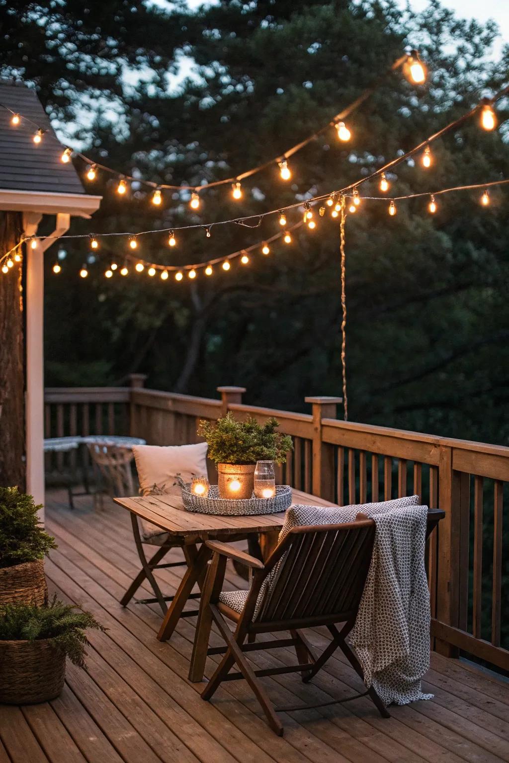 After dark, string lights create an inviting glow.