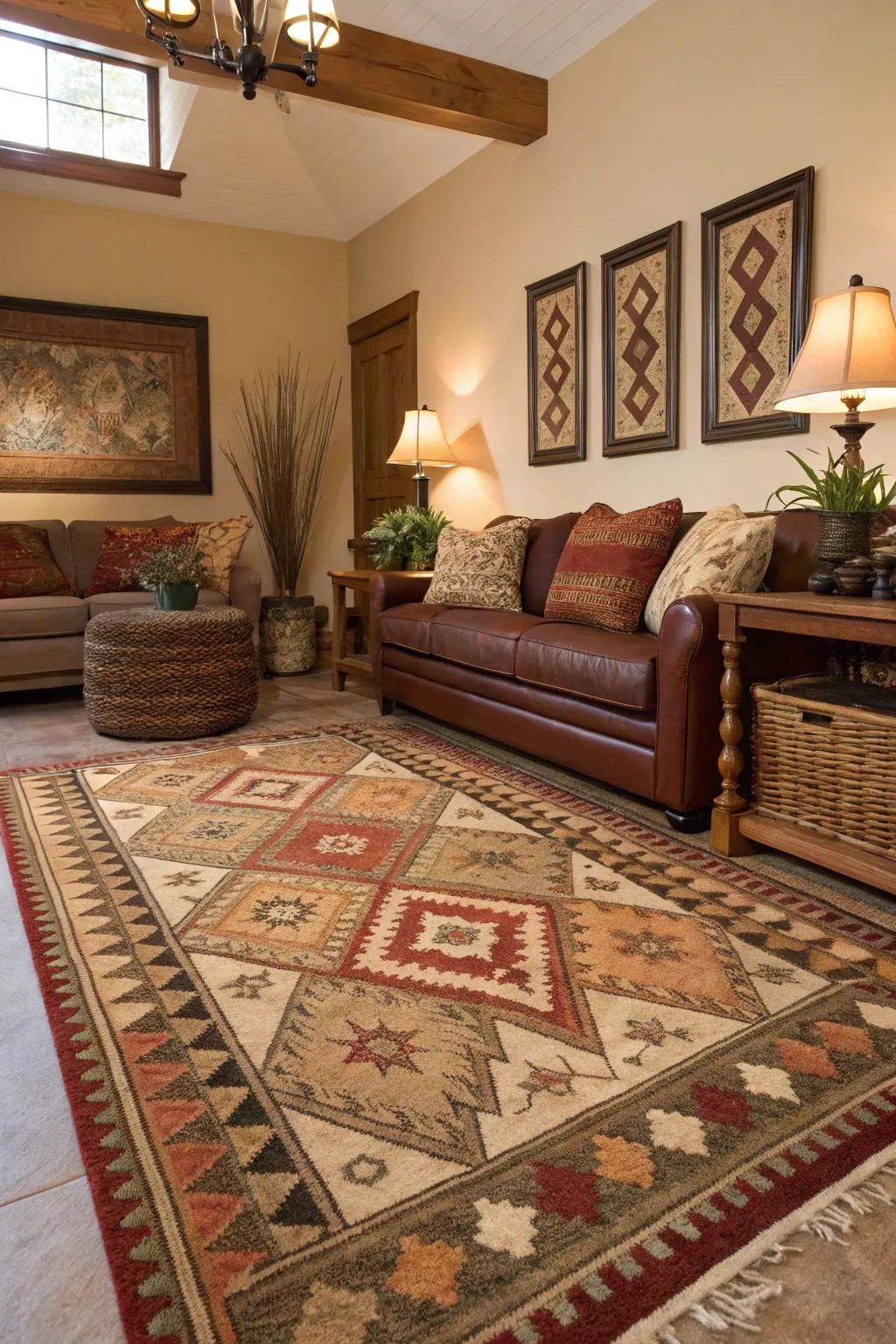 A decorative carpet defines and warms the den.