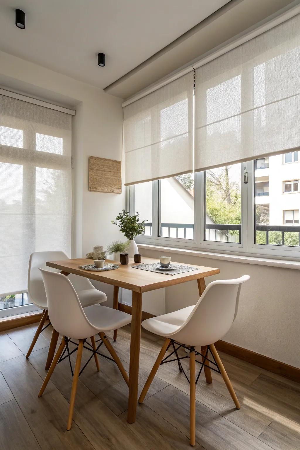 Roller blinds deliver a neat and minimalist aesthetic.