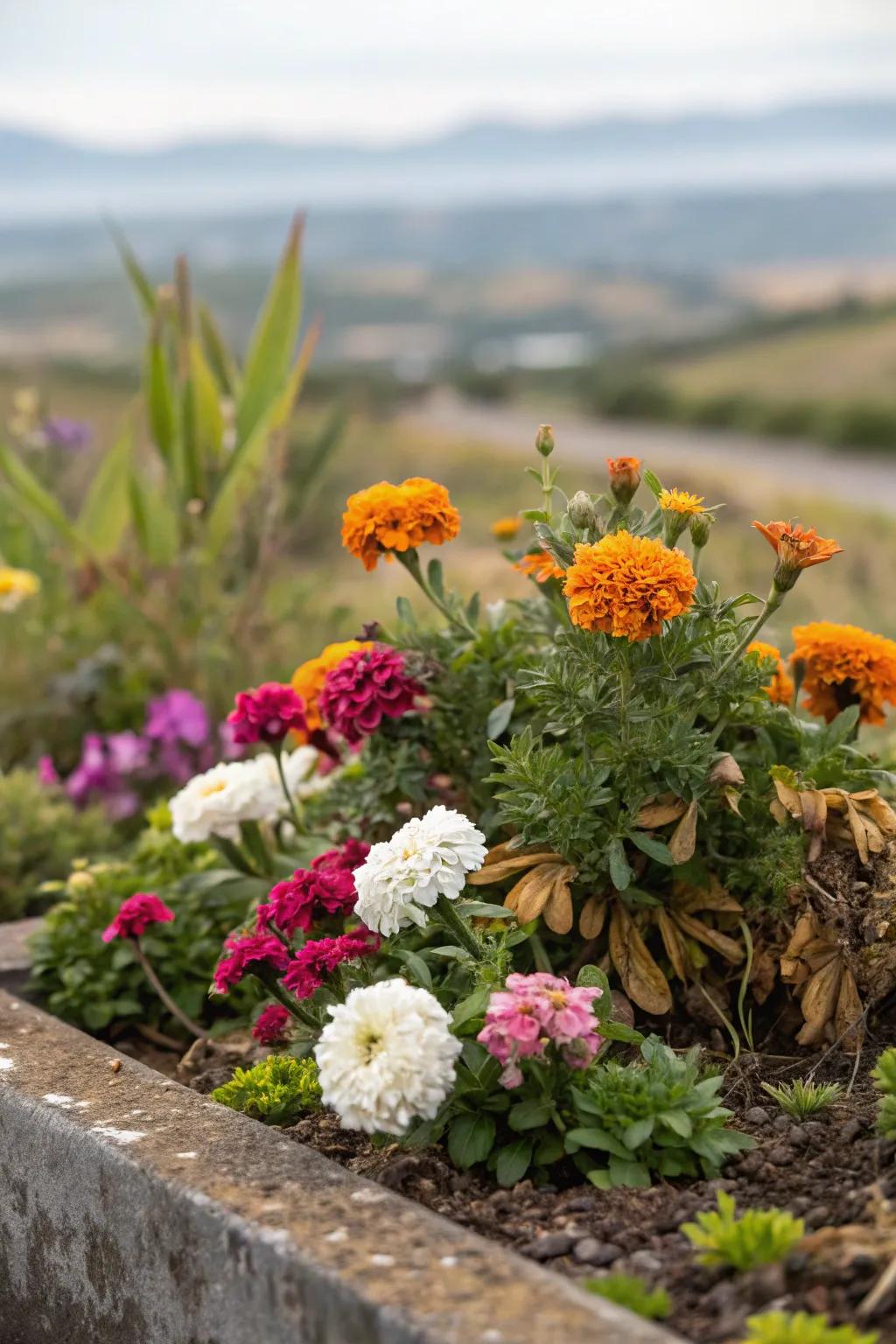 A petite flower bed showcasing an enchanting fusion of flora characterized by assorted textures.
