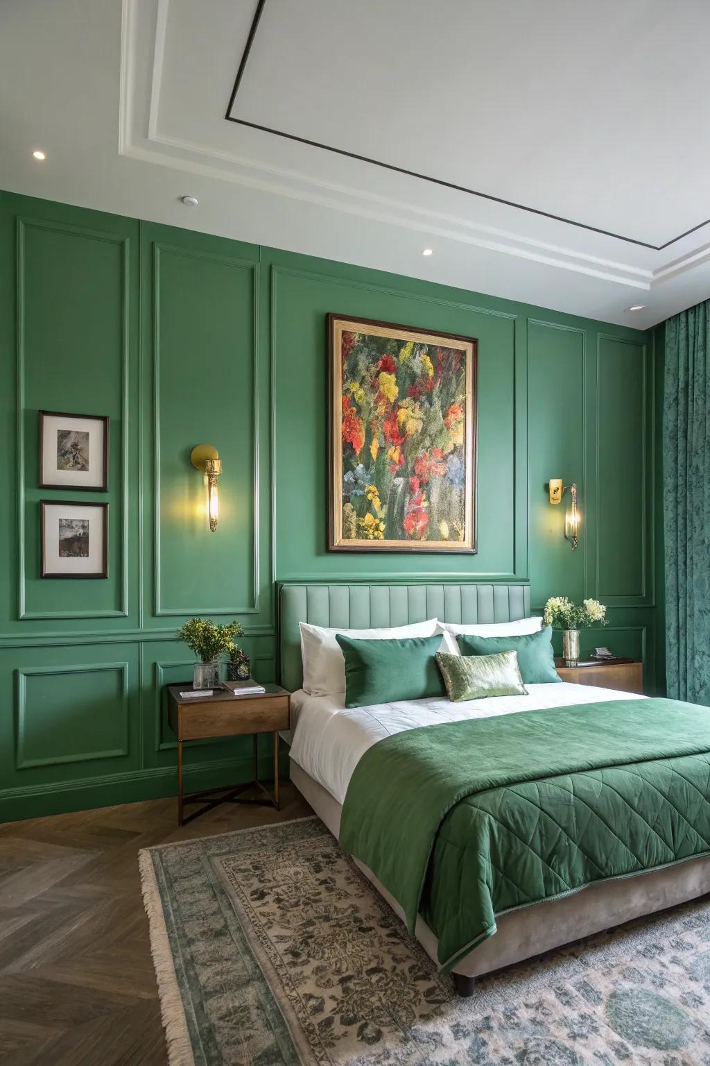 Highlight elements instill character into a green bedroom.