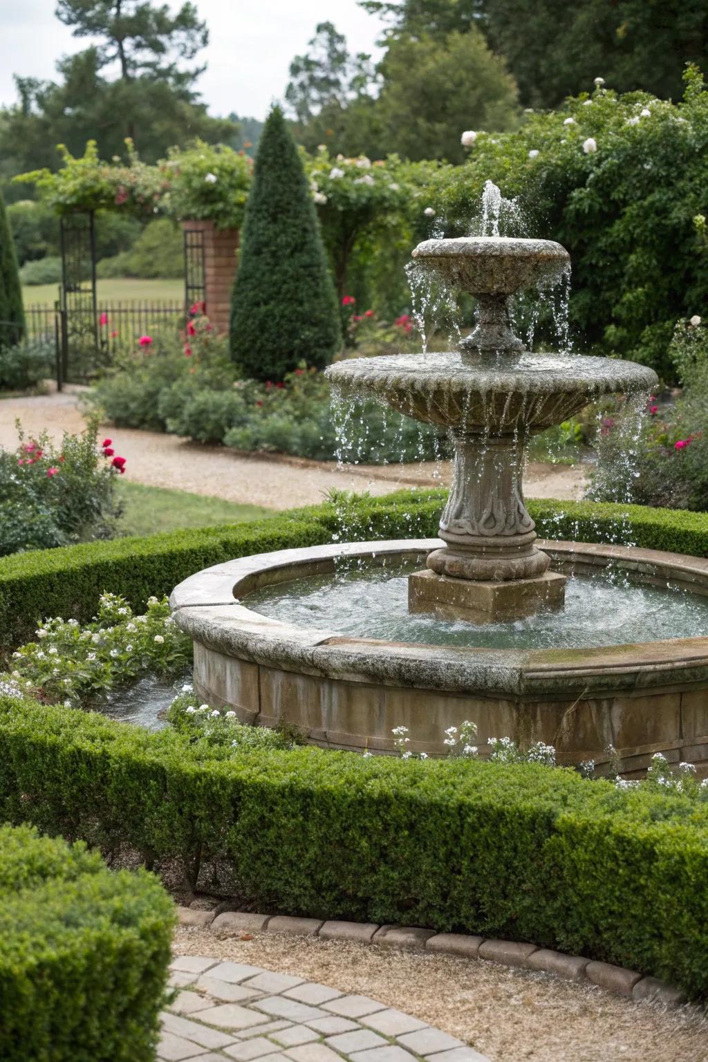 Hedges accentuating a garden fountain for heightened visual magnetism.