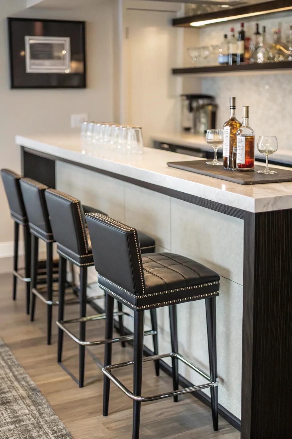 Space-conscious seating solutions maintain your home bar locale uncluttered and stylish.