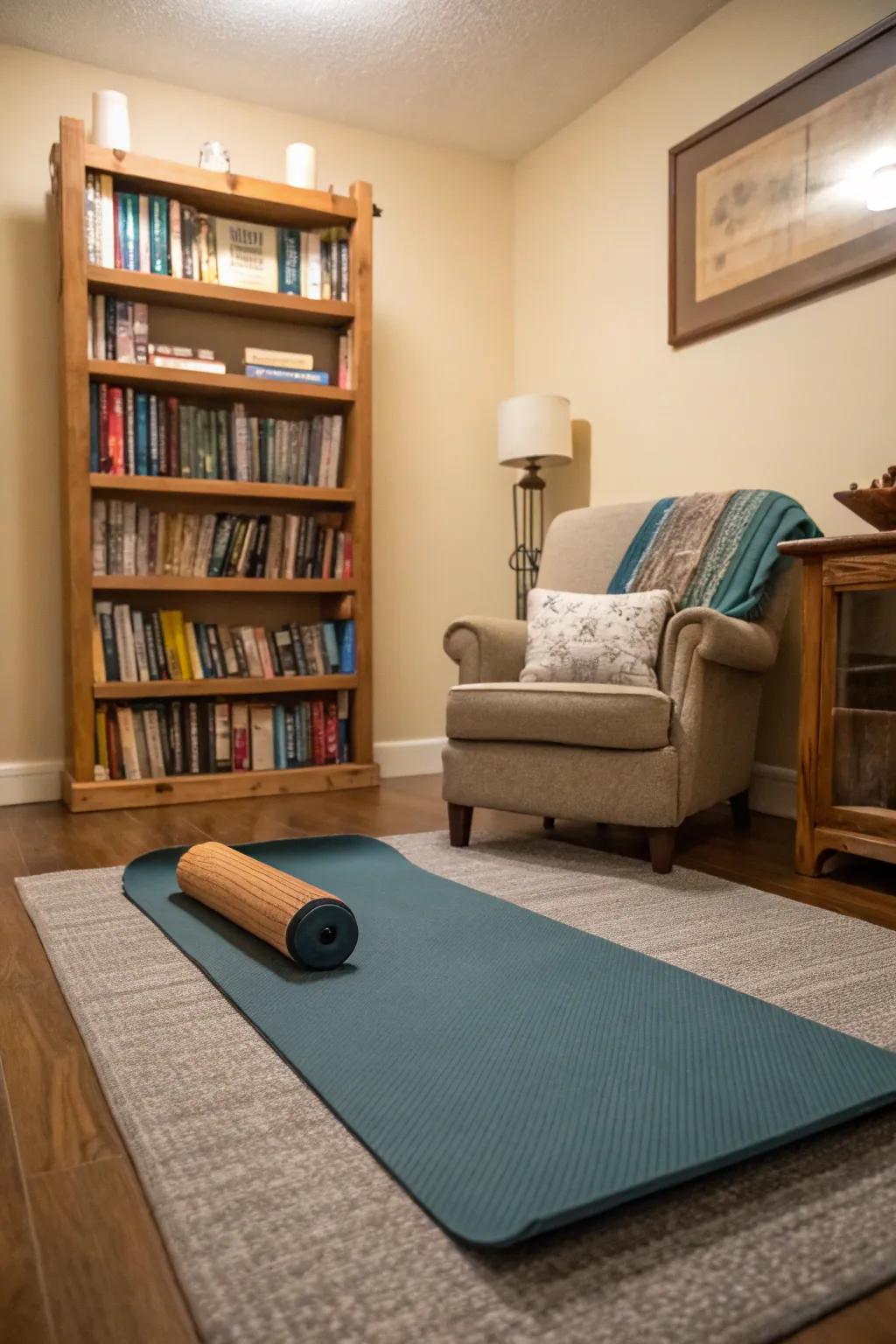 Multi-purpose room with yoga and reading spaces combined.