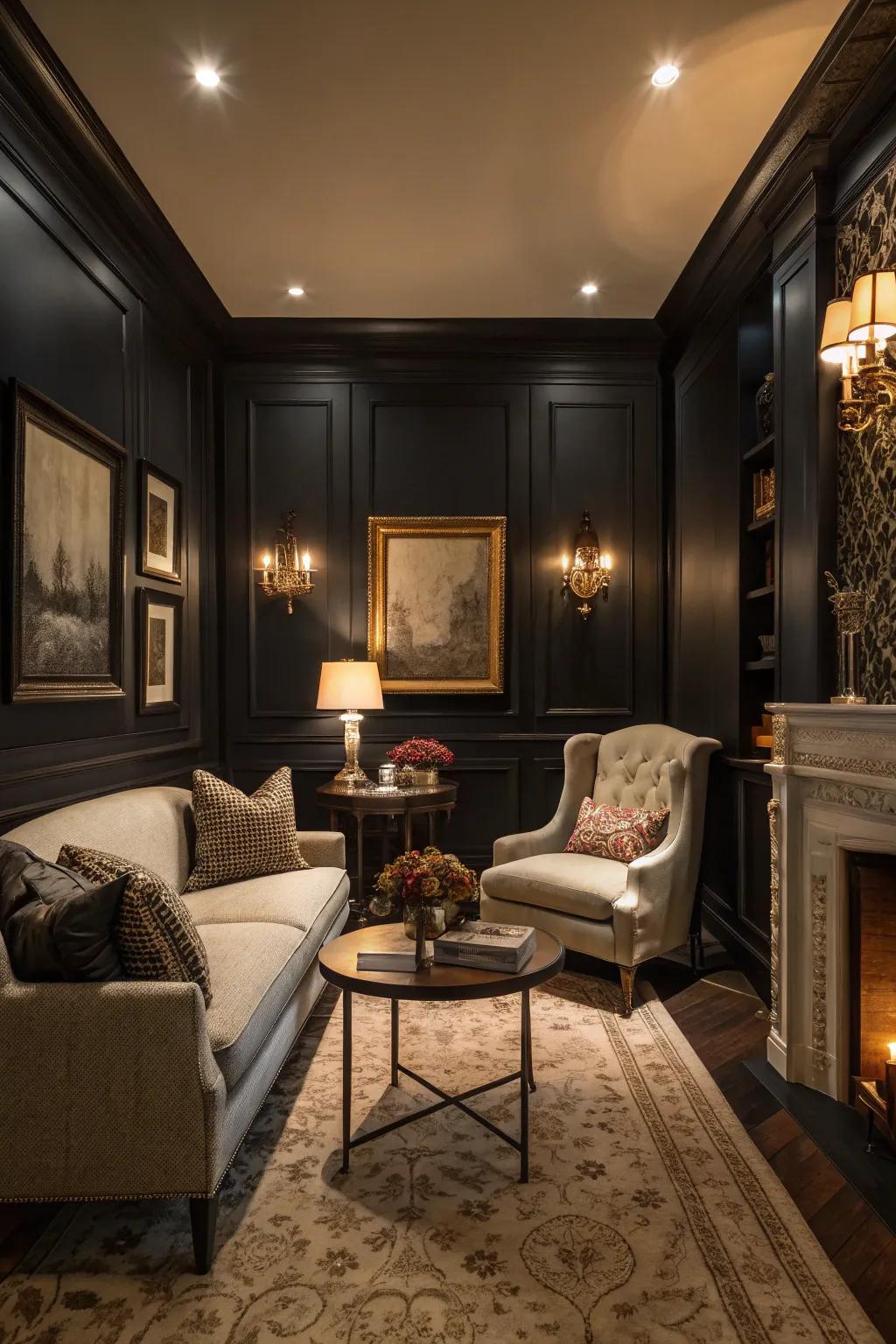 A small living room with dark walls creating an intimate setting.