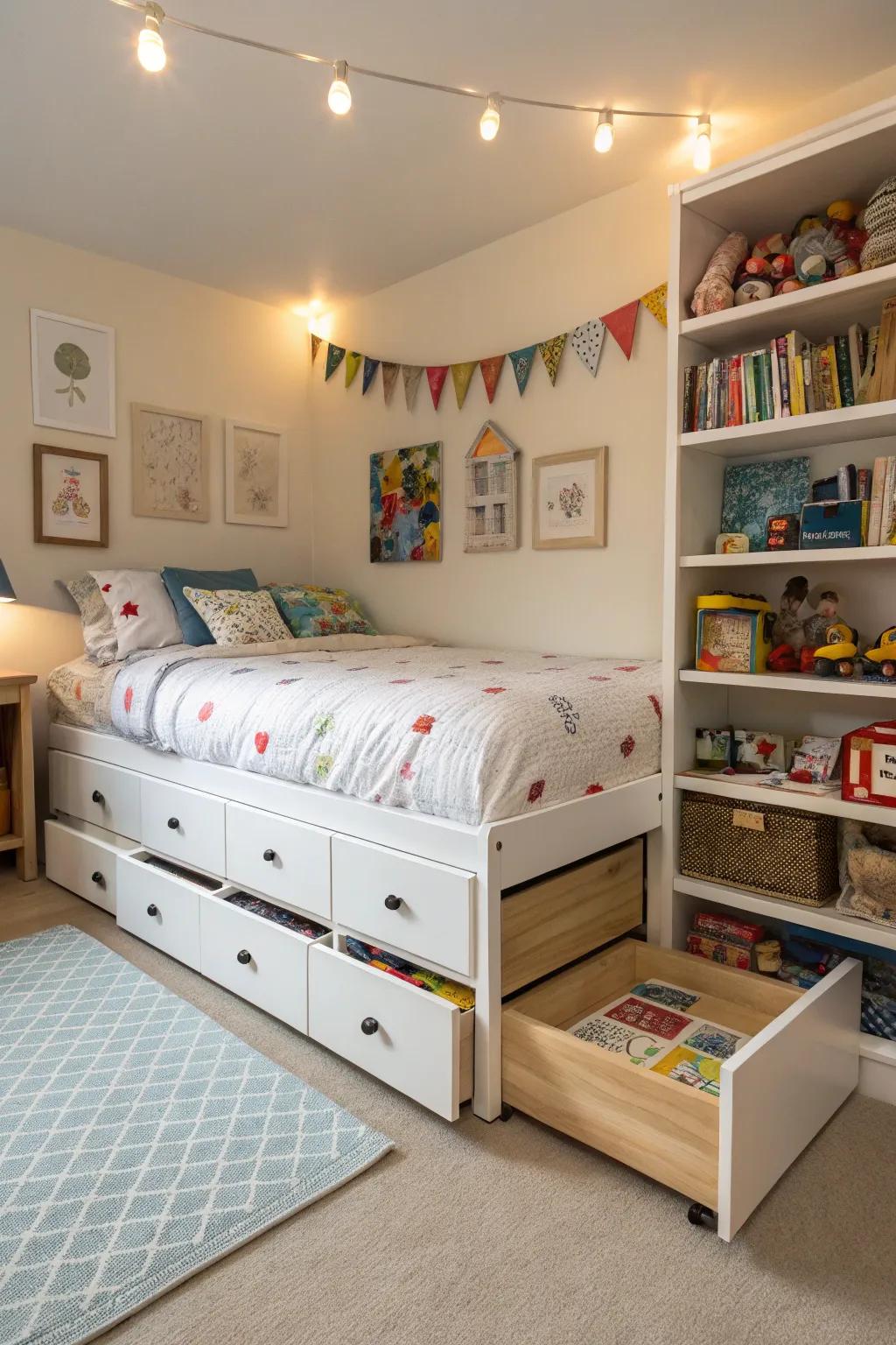 Storage under the bed helps keep the area organized and clutter-free.