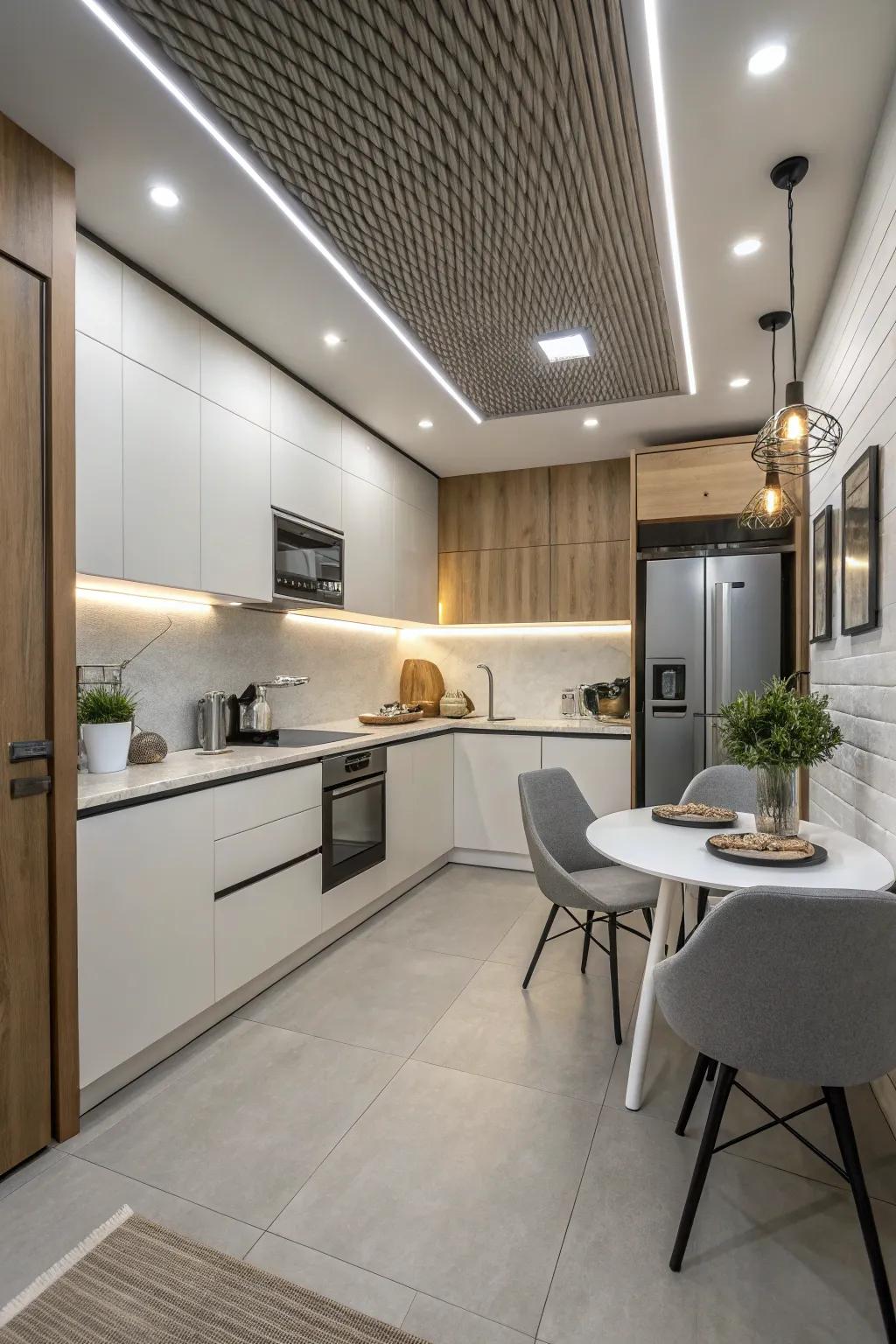 Minimalist upper space designs streamline compact kitchen areas.