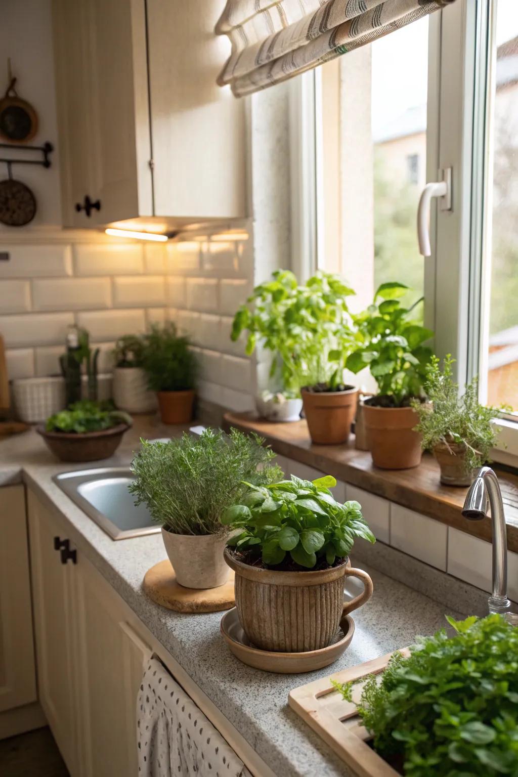 Botanical components bring vitality into this reduced cooking space setting.