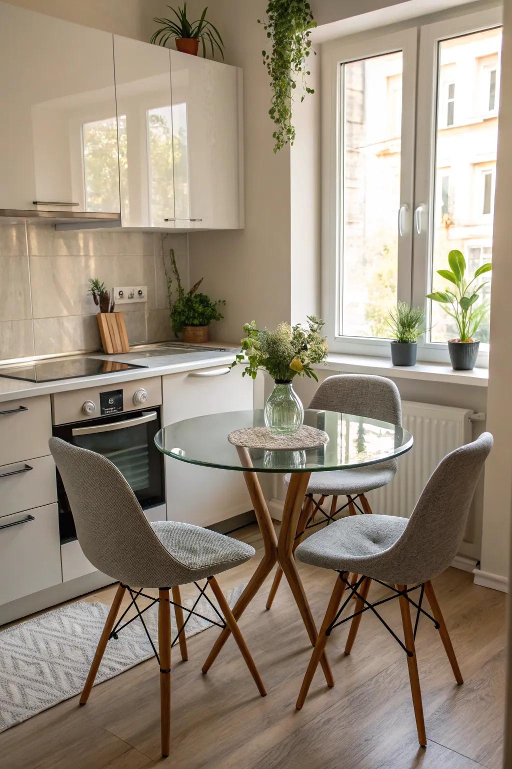 A glass-topped table enhancing the sense of space.