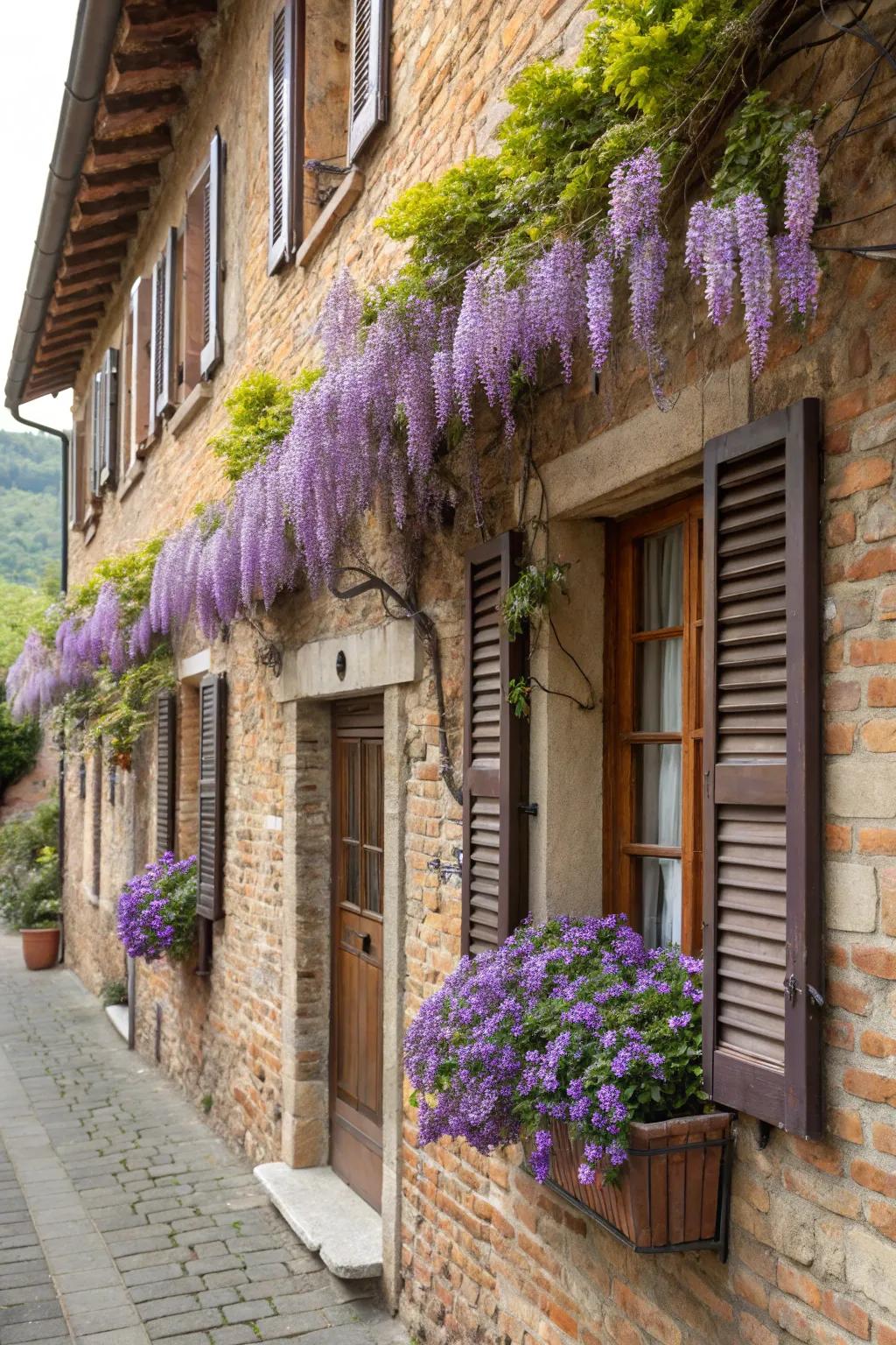 Lavender in window boxes delivers a distinct vertical presentation.