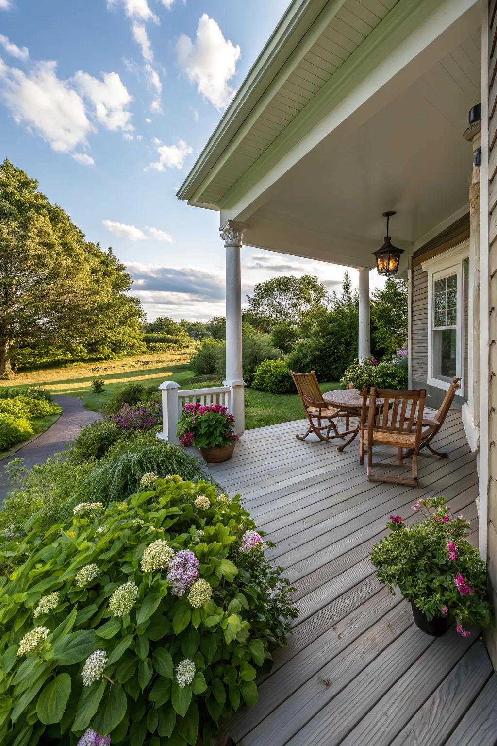 A side porch graced with sophisticated wooden decking and a petite table.