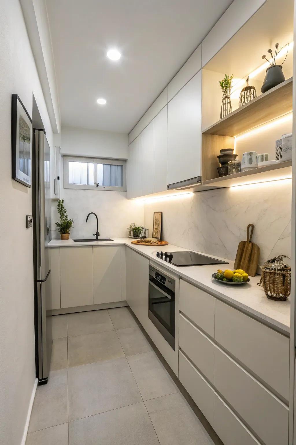 A reduced design ethos maintaining an uncluttered and elegant ambiance in a diminutive kitchen.