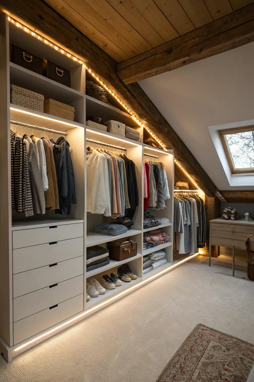 Thoughtful lighting will illuminate any attic closet.