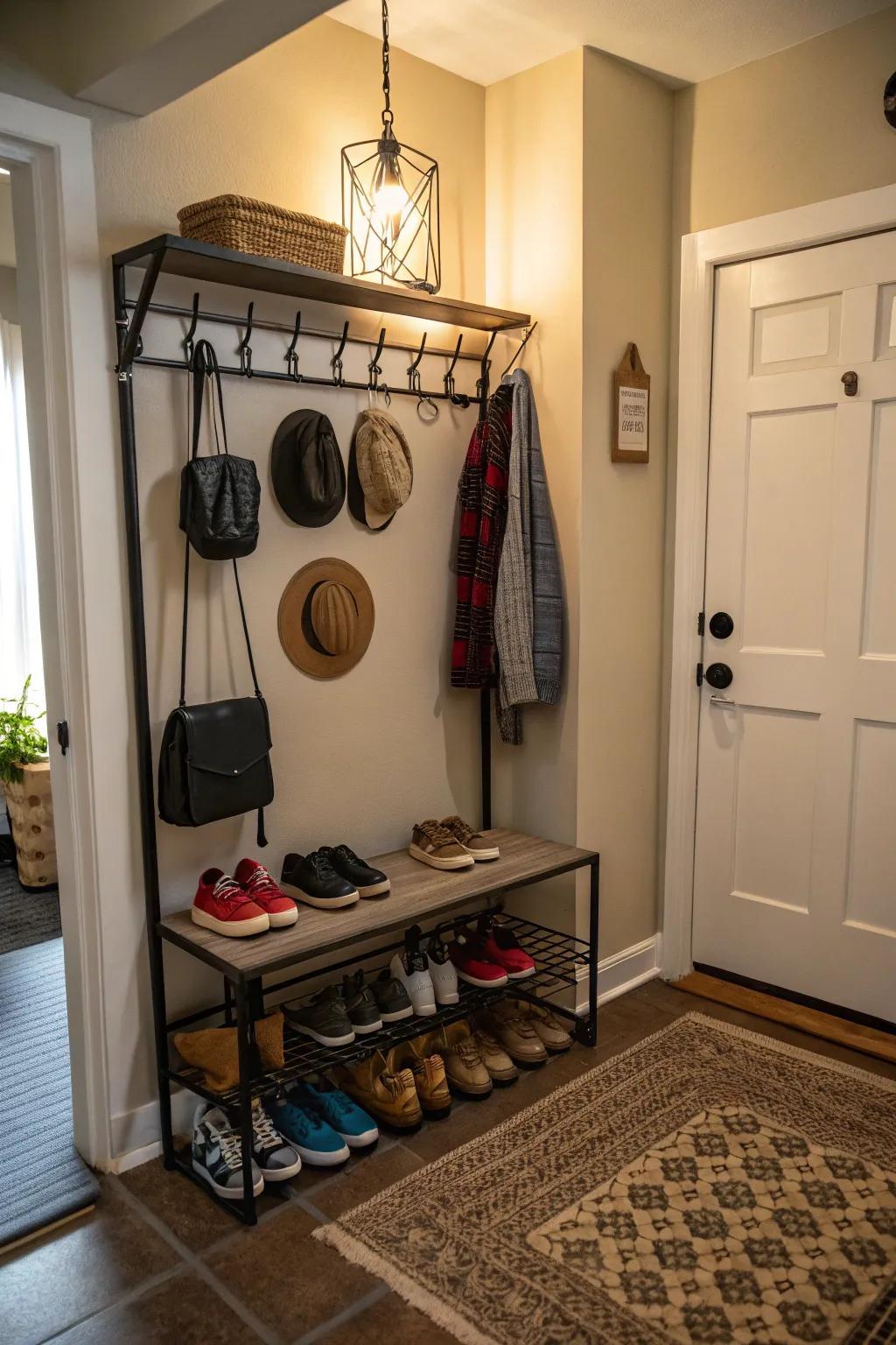 Door mounted solutions in an entryway, optimizing space for shoes and accessories.