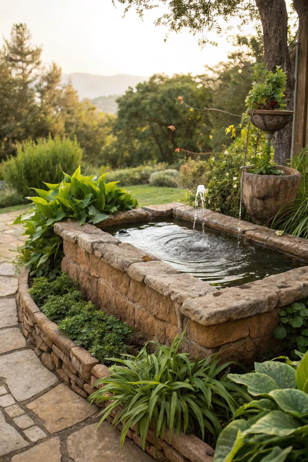 An exquisitely bordered water feature with rustic rock accents.
