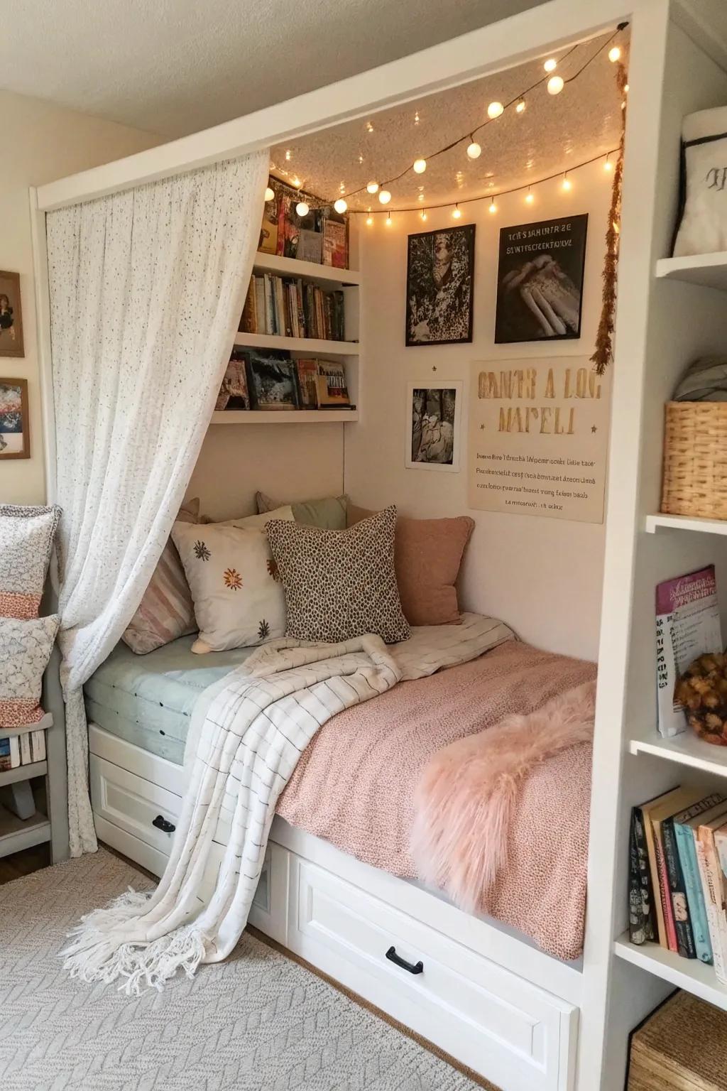 A snug bedding corner incorporating layered textures fashions a warm, appealing retreat.